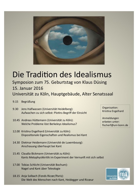 Conference: "Die Tradition des Idealismus - Symposion zum 75. Geburtstag von Klaus Düsing" (Köln, January 15, 2016)