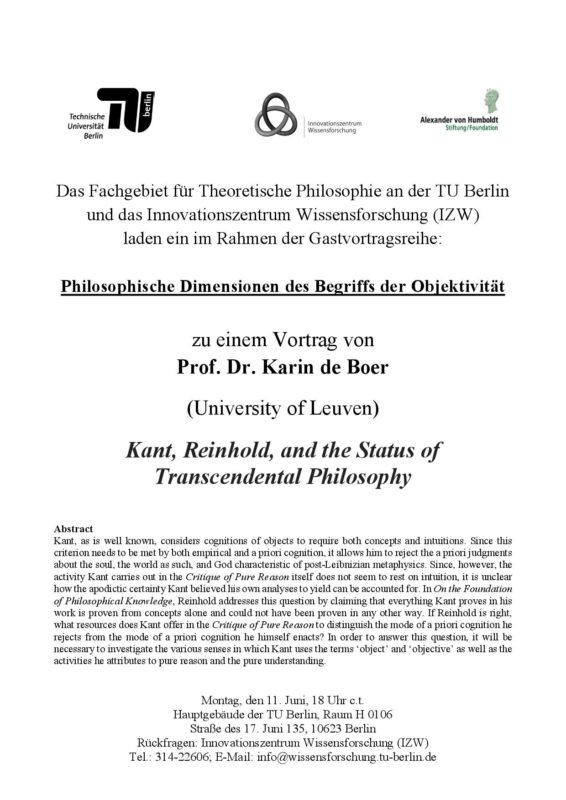 Lecture by Prof. Karin de Boer: "Kant, Reinhold, and the Status of Transcendental Philosophy"