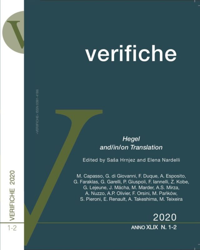 New Release: Verifiche (XLIX, 1-2/2020): "Hegel and/in/on Translation" (ed. by Saša Hrnjez and Elena Nardelli)