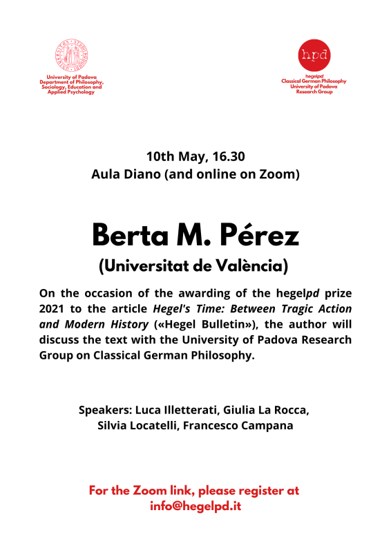 Discussion with Berta M. Pérez, "Hegel's Time: Between Tragic Action and Modern History" «Hegel Bulletin» 40 3/2019 (Padova, 10 May 2022)
