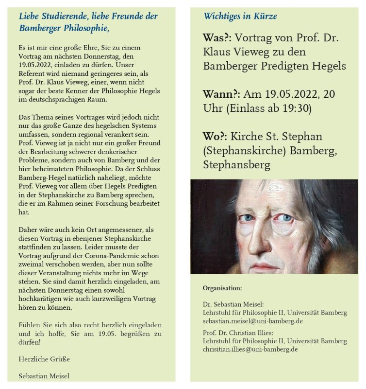 Lecture: Klaus Vieweg, "On the Bamberg Sermons of Hegels" (Bamberg, 19 May 2022)