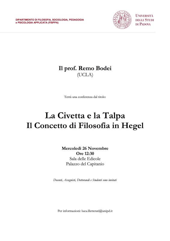 Remo Bodei: "La civetta e la talpa, il concetto di filosofia in Hegel" (Padova, 26 novembre 2014)