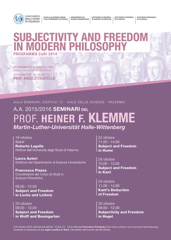 Subjectivity and freedom in modern philosophy - series of seminars held by prof. Heiner F. Klemme at University of Palermo