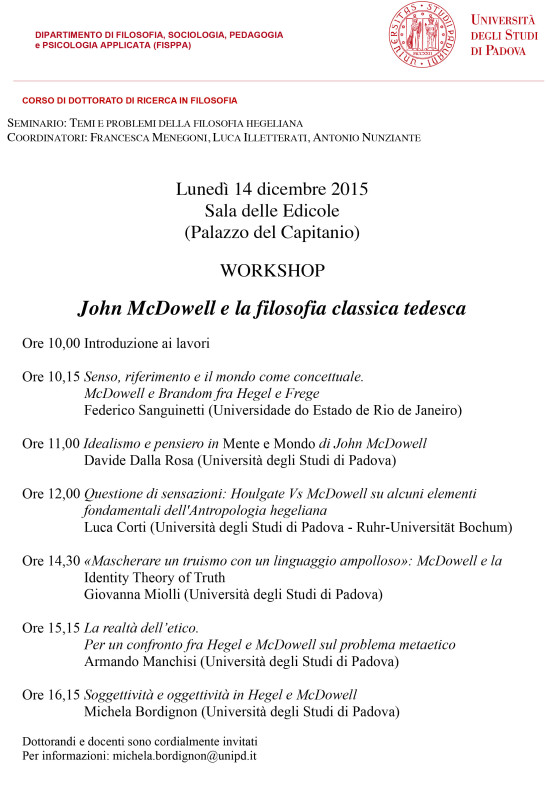 Workshop: John McDowell e la filosofia classica tedesca (Padova, 14 dic. 2015)