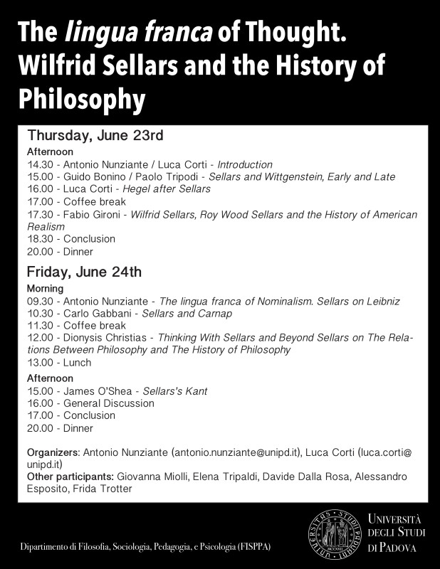 Workshop: "The lingua franca of Thought. Wilfrid Sellars and the History of Philosophy" (Padua, 23-24th June) 1