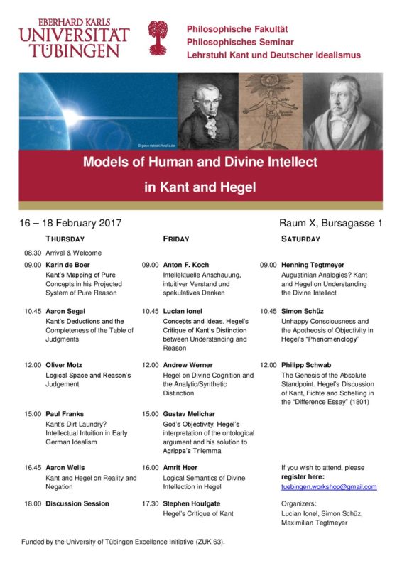 Workshop: "Models of human and divine intellect in Kant and Hegel" (Tubingen, 16-18 Febbraio)