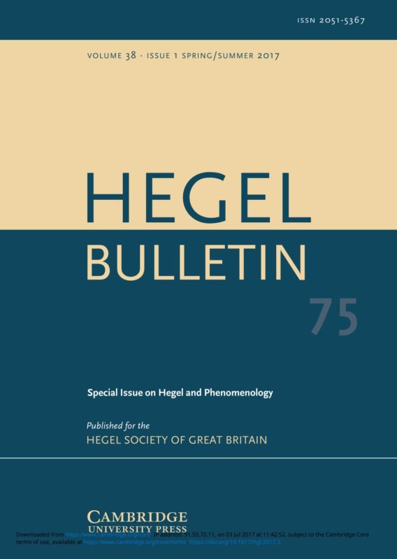 New Release: Hegel Bulletin, Volume 38 - Issue 1 (May 2017)
