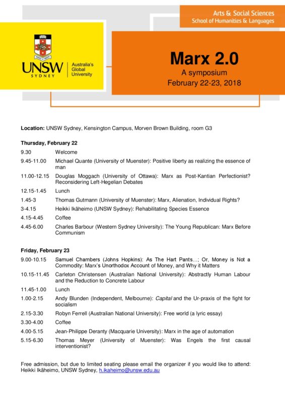 Congress: Marx 2.0 - A Symposium (Sydney, February 22-23 2018)