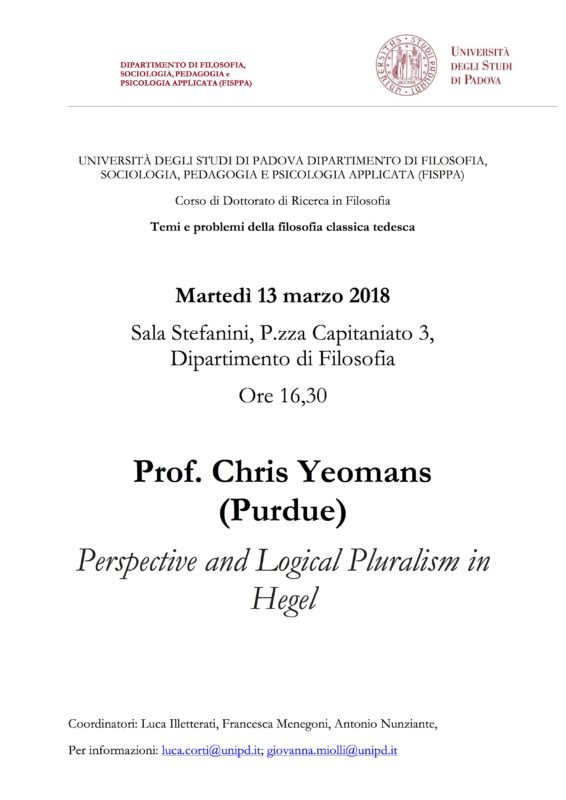 Seminario: "Temi e Problemi della Filosofia Classica Tedesca": Christopher Yeomans, "Perspective and Logical Pluralism in Hegel" (Padova, 13 marzo 2018)