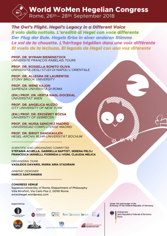 World WoMen Hegelian Congress: 'The Owl’s Flight. Hegel’s Legacy in a Different Voice' (Rome, 26-28 September 2018)