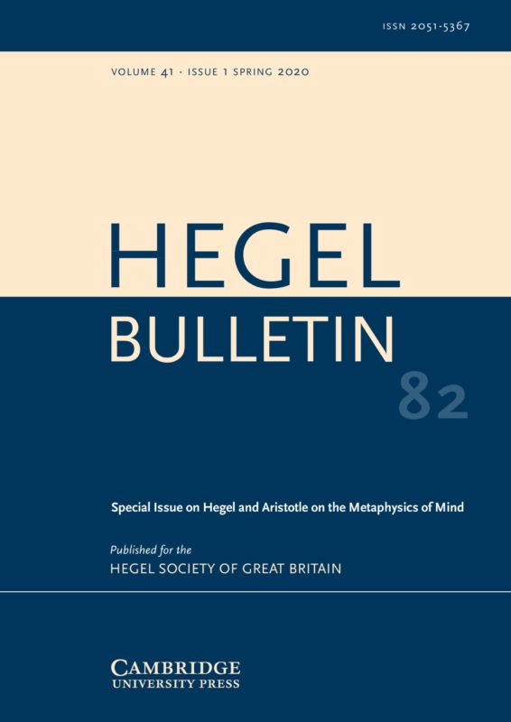 New Release: Special Issue of Hegel Bulletin "Hegel and Aristotle on the Metaphysics of Mind" (Vol. 41, 1)