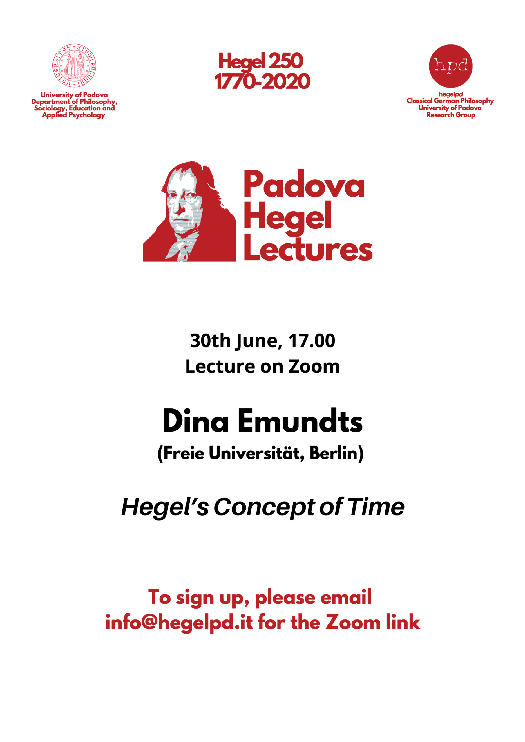 HPD – PADOVA HEGEL LECTURES 2020: DINA EMUNDTS (Freie Universität, Berlin): “Hegel’s Concept of Time” (LECTURE ON ZOOM, JUNE 30TH, 2020)