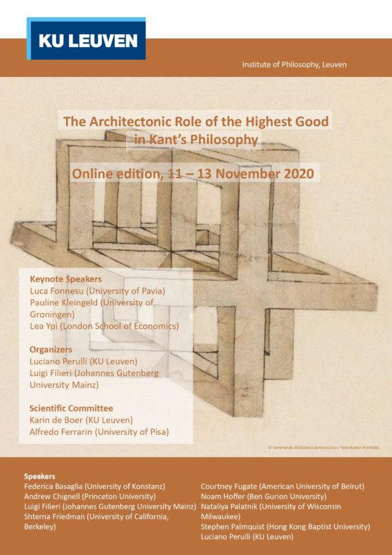 Conference: "The Architectonic Role of the Highest Good in Kant’s Philosophy" (Online Edition, KU Leuven, 11-13 November 2020)