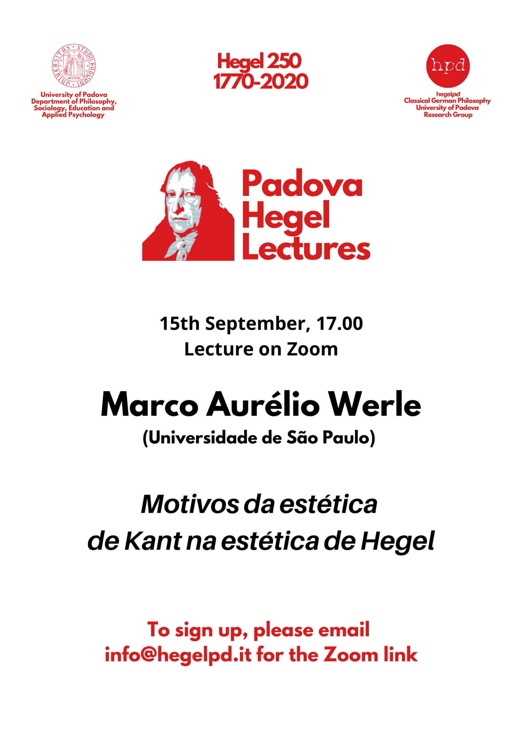 HPD – PADOVA HEGEL LECTURES 2020: Marco Aurélio Werle (Universidade de São Paulo): “Motivos da estética de Kant na estética de Hegel” (Lecture on Zoom, September 15th, 2020)