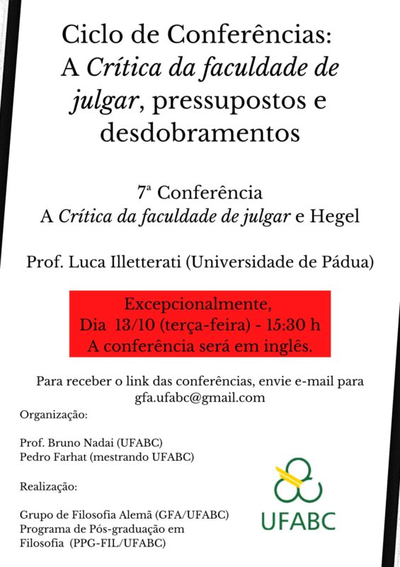 Online Talk: Luca Illetterati, "The Critique of the power of judgement and Hegel" (German Philosophy Study Group (GFA/UFABC), 13 October 2020)