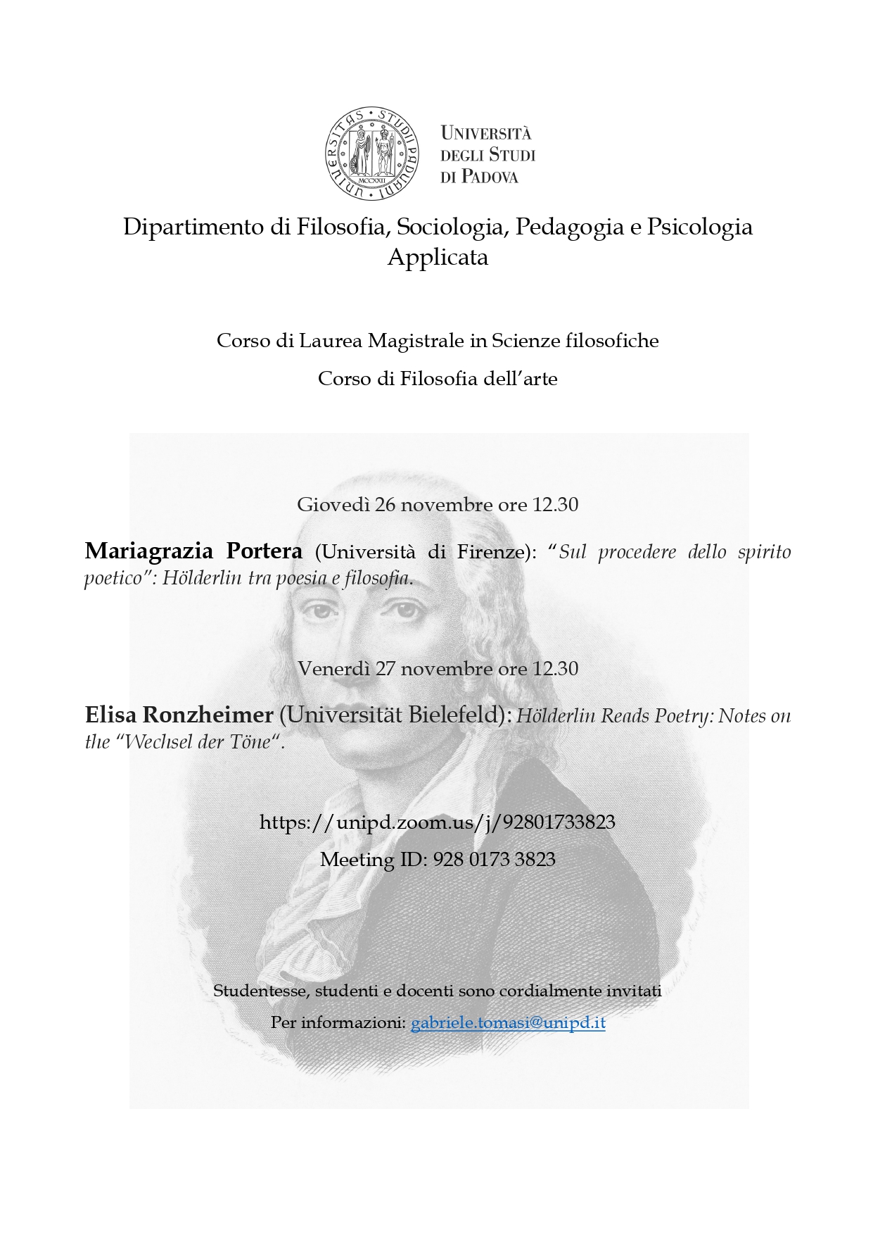 Lectures: Mariagrazia Portera and Elisa Ronzheimer on Hölderlin (Padova, 26 and 27 november 2020)