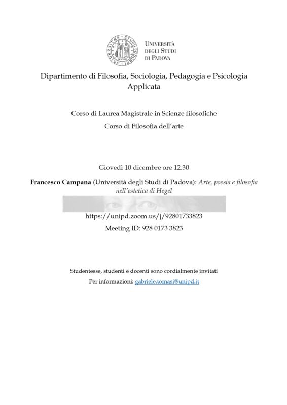Lecture: Francesco Campana, "Arte, poesia e filosofia nell’estetica di Hegel" (Padova, 10 december 2020)