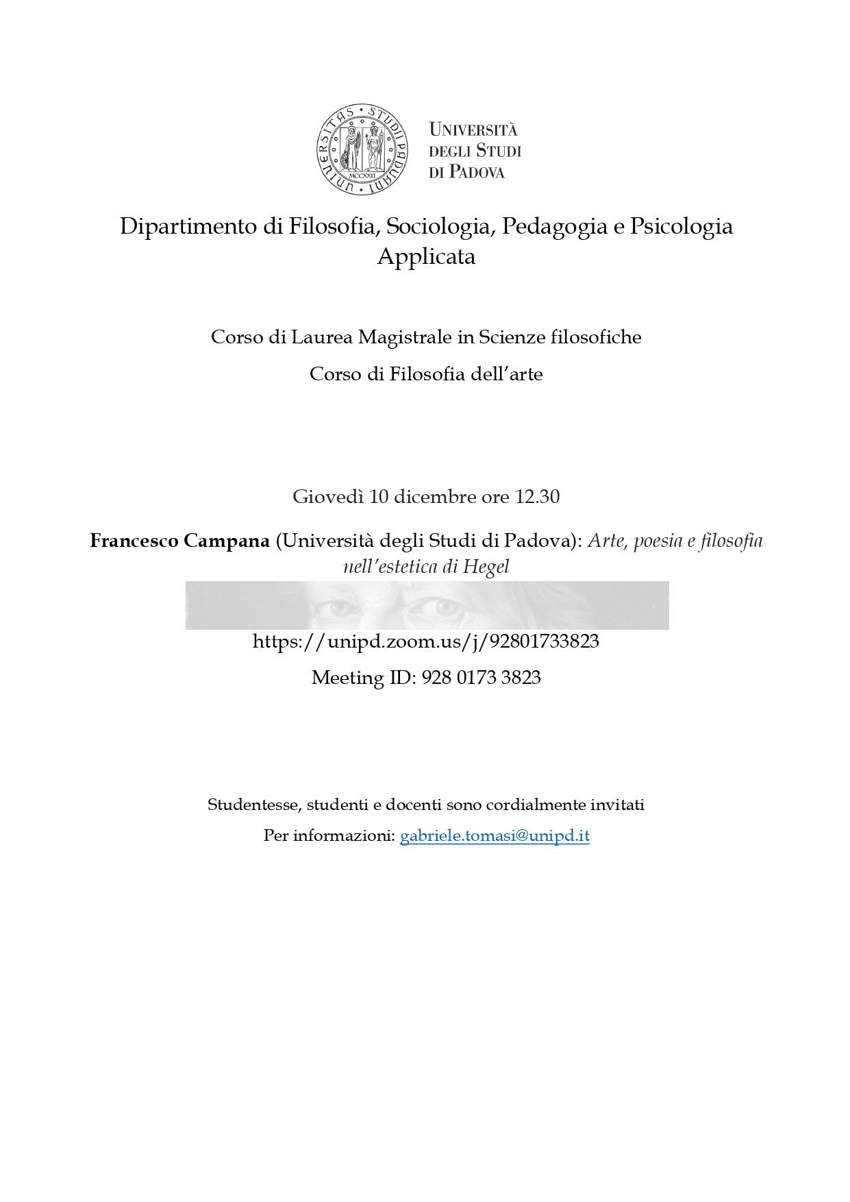 Lecture: Francesco Campana, “Arte, poesia e filosofia nell’estetica di Hegel” (Padova, 10 December 2020)