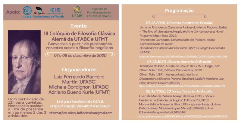 Workshop: III Colloquium on Classical German Philosophy of UFABC and UFMT: Conversations from recent publications on Hegelian philosophy
