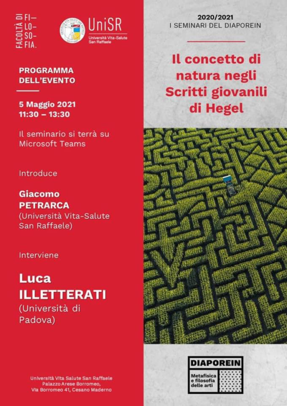 I SEMINARI DEL DIAPOREIN: Luca Illetterati: "Il concetto di natura negli Scritti giovanili di Hegel" (5 maggio 2021, 11:30-13:30)