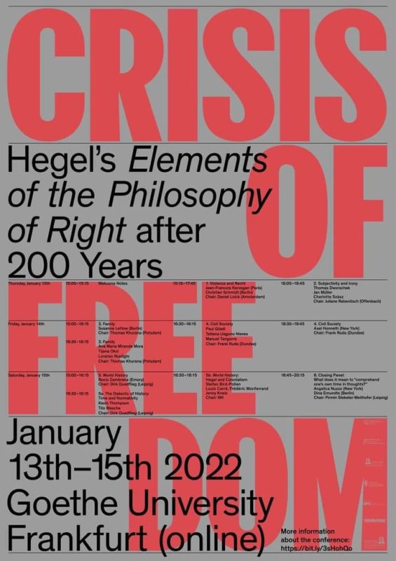 International interdisciplinary Conference / Annual Conference of the Frankfurt Humanities Research: "The Crisis of Freedom: Hegel’s Elements of the Philosophy of Right after 200 Years" (Frankfurt, 13-15 January, 2022)