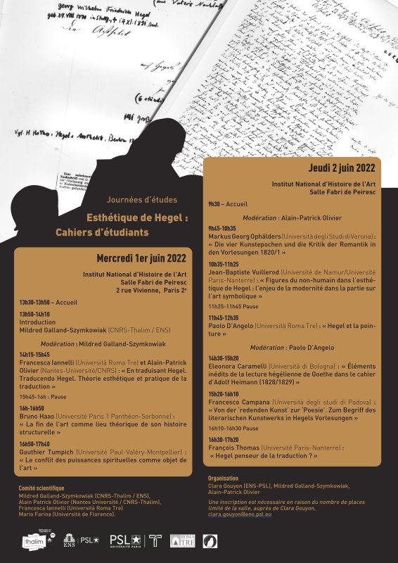 Workshop: "Esthétique de Hegel : Cahiers d’étudiants" (Paris, 1-2 June 2022)