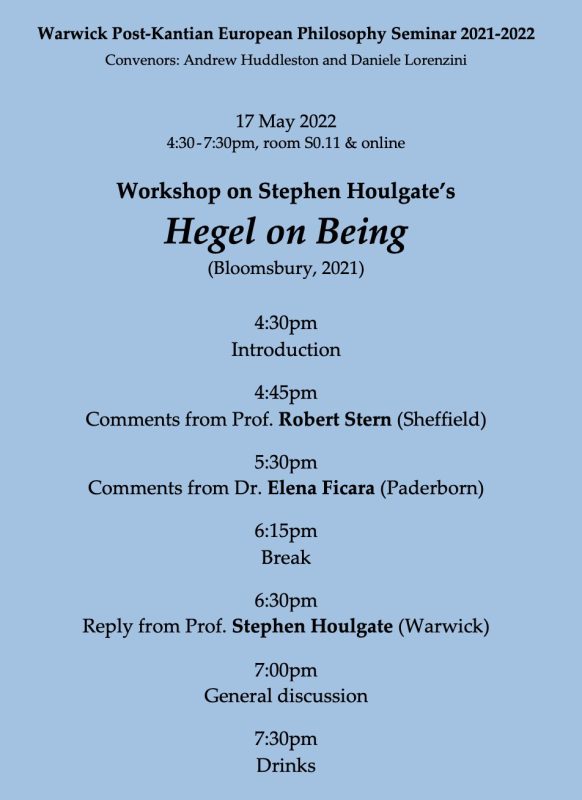 Workshop on Stephen Houlgate’s "Hegel on Being" (Warwick, 17 May, 2022)