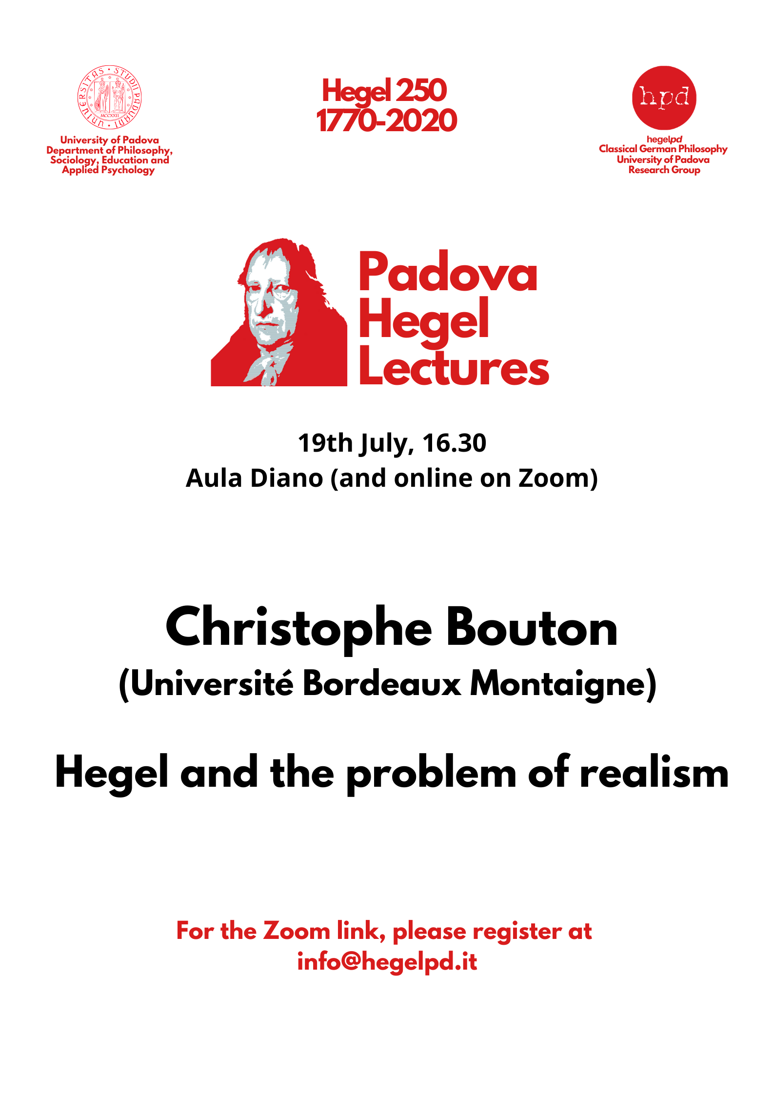 hpd – Padova Hegel Lecture 2020: Christophe Bouton, “Hegel and the problem of realism” (Padova, July 19, 2022)