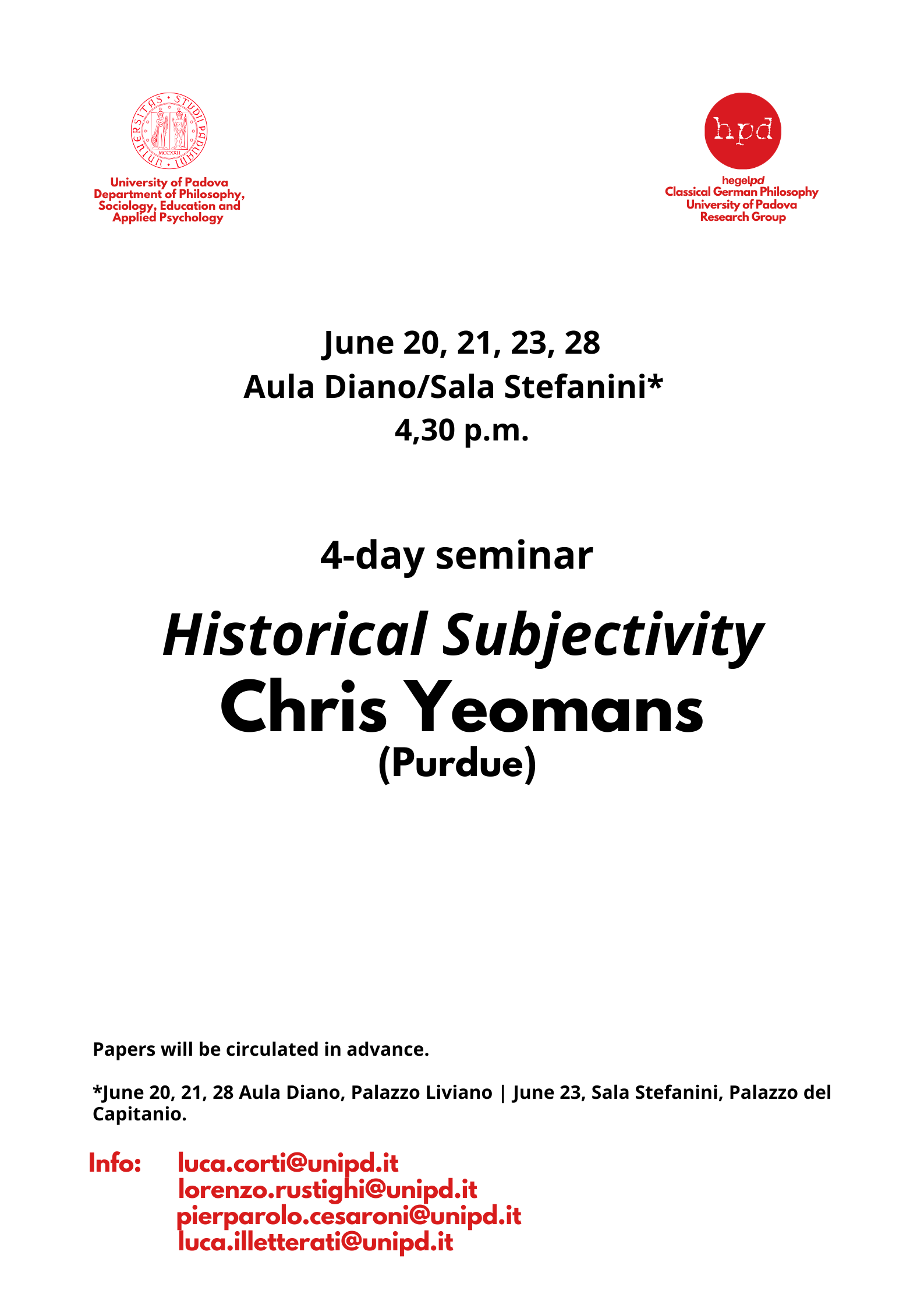 4-day Seminar:  Christopher Yeomans, “Historical Subjectivity” (Padova, 20, 21, 23, 28 June 2022)