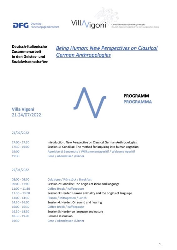 Workshop: "Being Human: New Perspectives on Classical German Anthropologies" (German-Italian Center For European Dialogue, Villa Vigoni, July 21-24 2022)