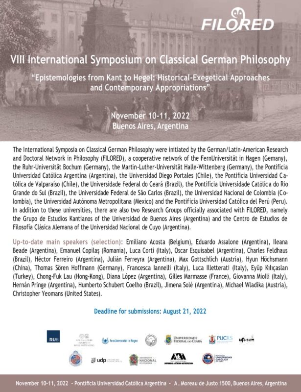 CFP: VIII International Symposium on Classical German Philosophy "Epistemologies from Kant to Hegel: Historical-Exegetical Approaches and Contemporary Appropriations" (Buenos Aires, November 10-11, 2022) 1