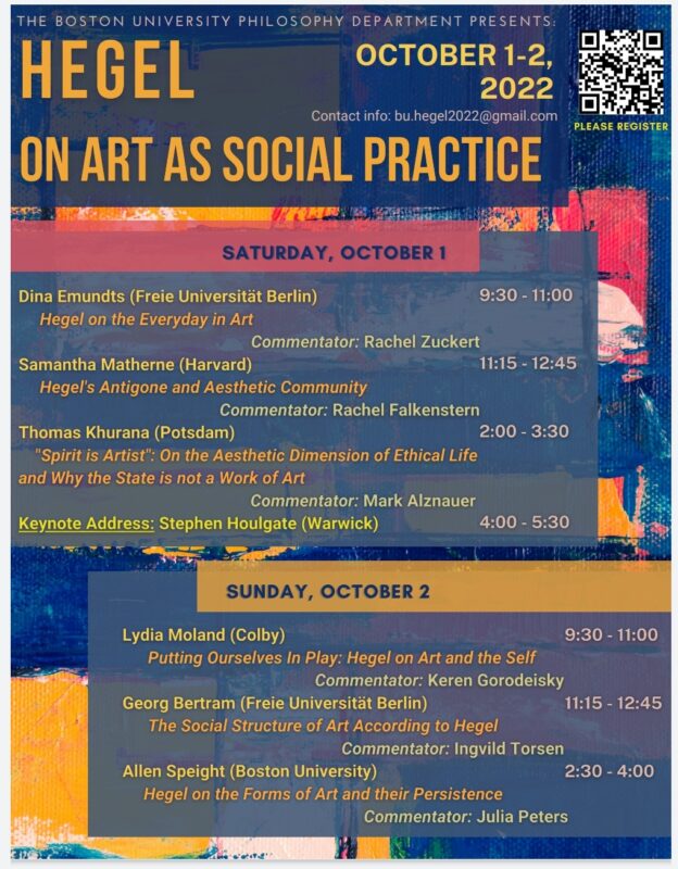 Conference: Hegel's Aesthetics: Hegel on Art as Social Practice (Boston, October 1-2, 2022)