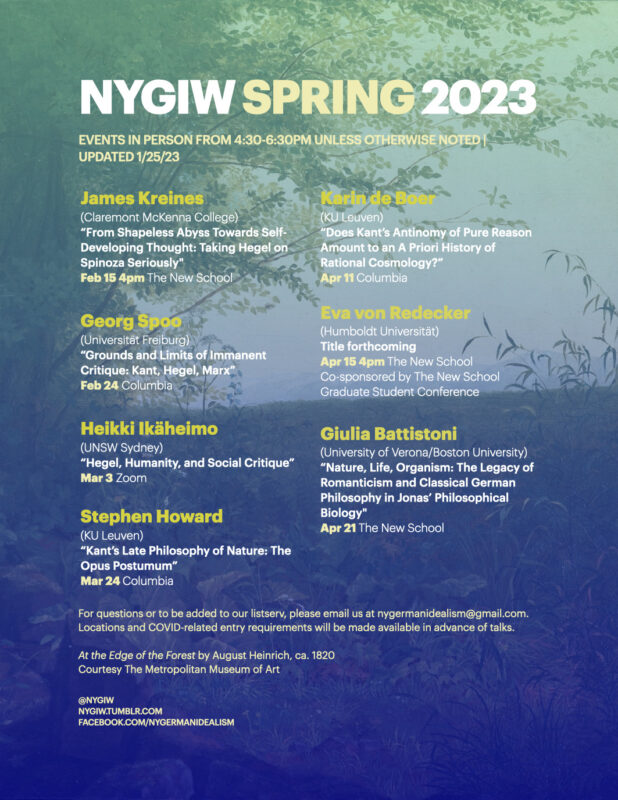 Workshops: New York German Idealism Workshop - Spring 2023