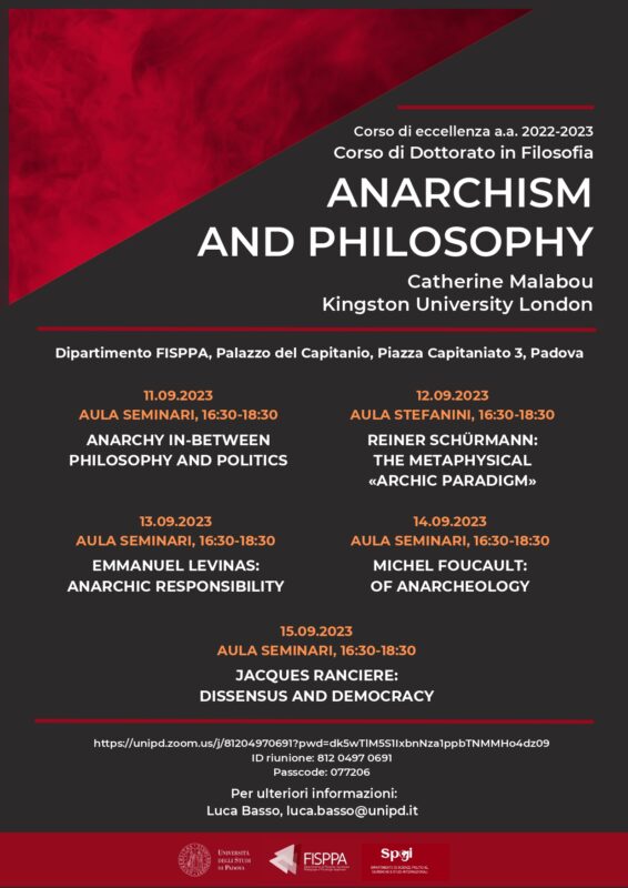Course of excellence: Catherine Malabou, "Anarchism and Philosophy" (Padova, 11-15 September 2023)