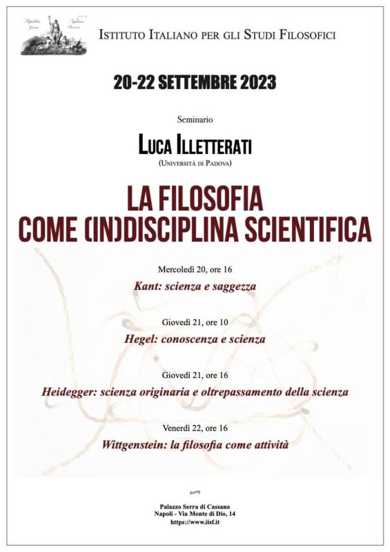 Seminario IISF: Luca Illetterati, "La filosofia come (in)disciplina scientifica" (20-22 Settembre)