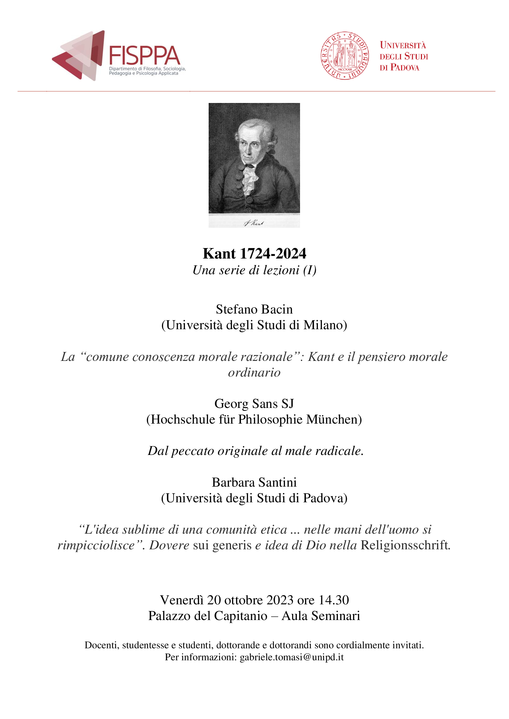 Conference: “Kant 1724-2024: A Series of Lectures, I” (Padova, 20 October 2023)