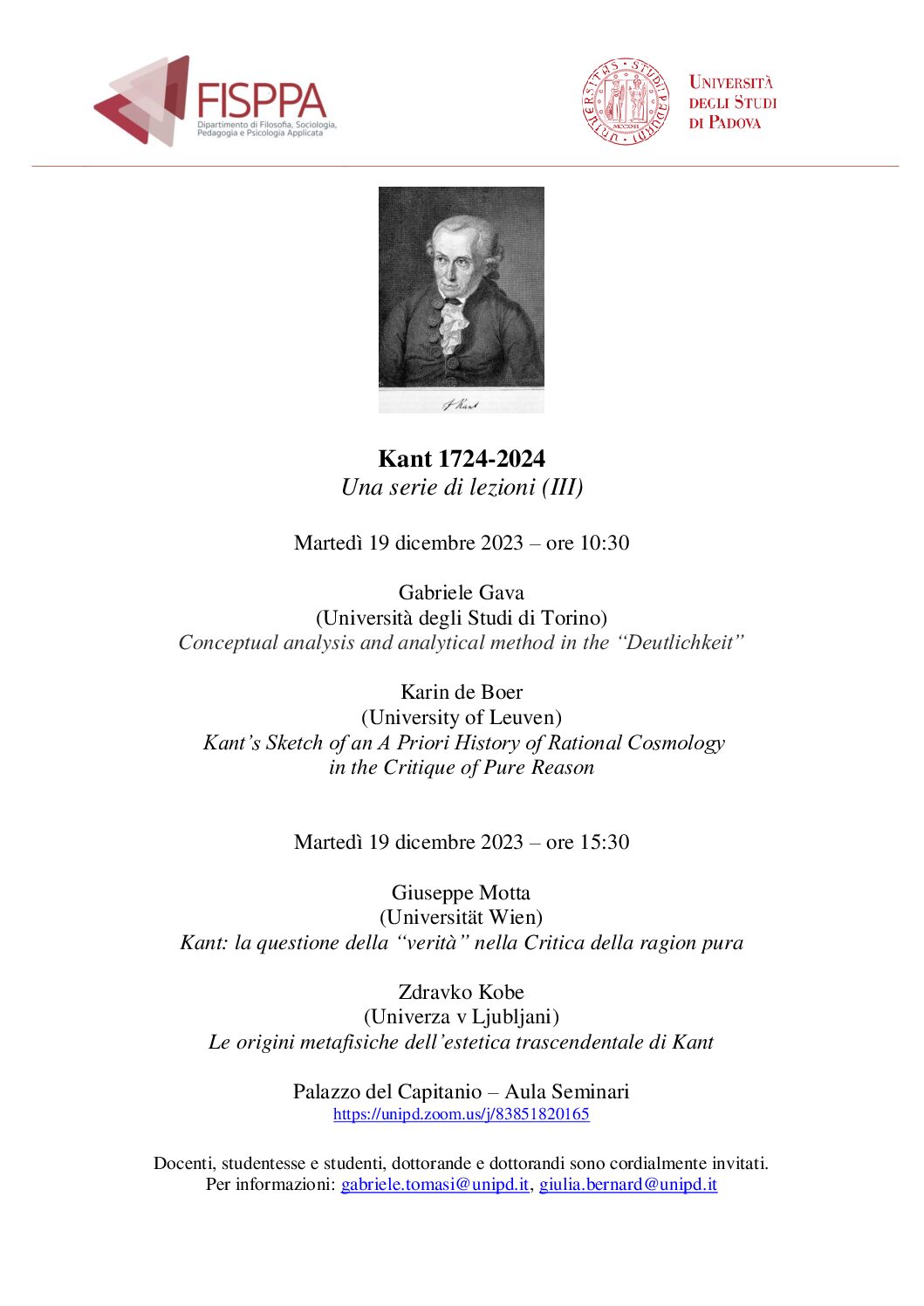 Conference: “Kant 1724-2024: A Series of Lectures, III” (Padova, 19 December 2023)